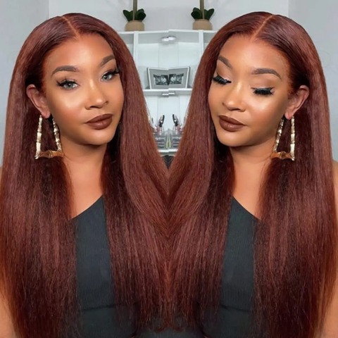 Brunette yaki hair wigs display